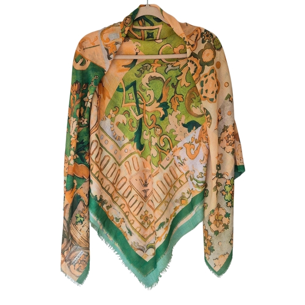 Vintage Mila Schon Scarf Shawl Wrap Green & Orange Abstract Print